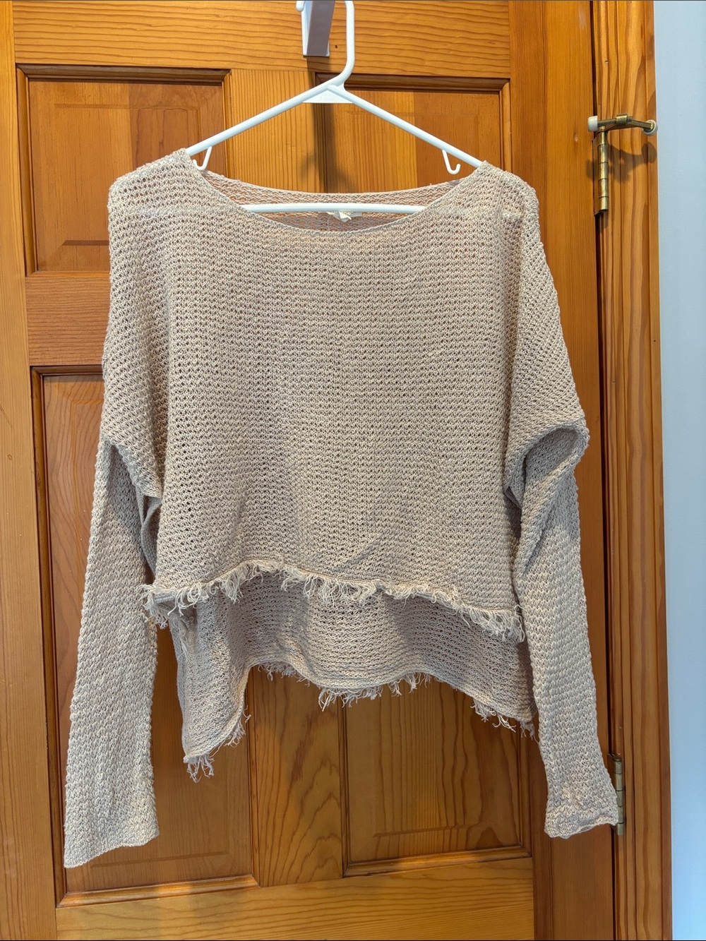 Eileen Fisher Beige Knit Distressed Hem High Low Boatneck Lightweight Sweater